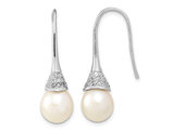 White Freshwater Cultured Pearl 9-10mm Dangle Earrings in Sterling Silver with Synthetic Cubic Zirconias